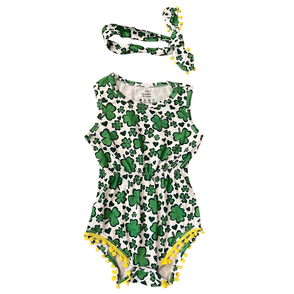 NEW Girls St. Patricks Day Romper with Headband Clover Outfit‎ Set Size 4